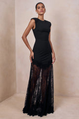 Fianna | Black Crew-Neck Maxi Dress With Sheer Lace Skirt