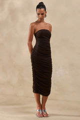 Astrae | Brown High-Neck Midi Dress With Short Mesh-Cape