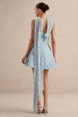 Elvara | Light Blue Lace Bandeau-Neck Mini Dress With Scarf Detail