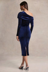 Eirene | Blue Velvet Asymmetric-Neck Midi Dress