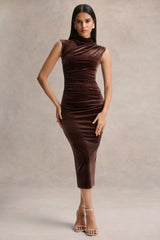 Novine | Brown Velvet High-Neck Midi Dress