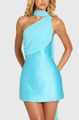 Satin Scarf-Detail Mini Dress In Aquamarine