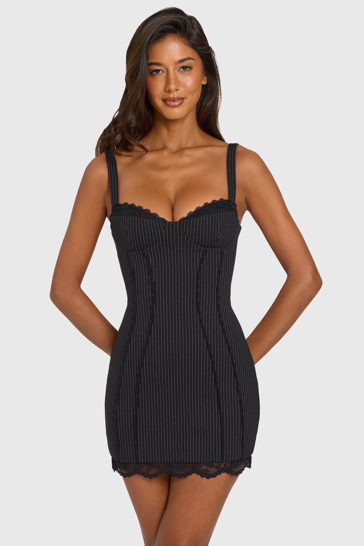 Ponte Lace-Trim Peekaboo Mini Dress  In Black Pinstripe