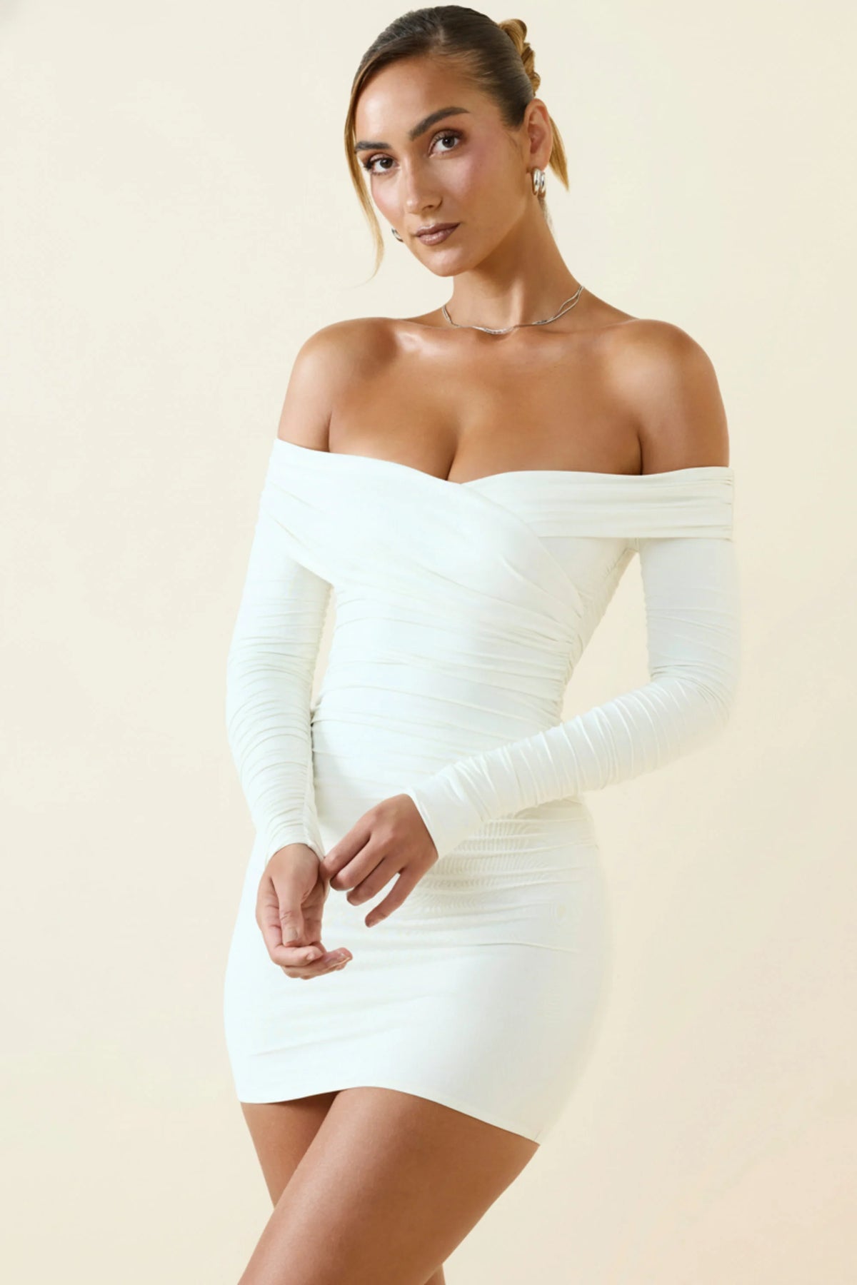 Off-Shoulder Ruched Bodycon Mini Dress In Vanilla