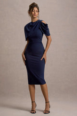 Dorothea | Navy Draped Midi Dress With Cape