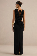 Tahlia | Black Plunge-Neck Maxi Dress With Draped Detailing And Gold Detail