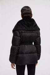 Moncler Women's Fall/Wimter Black Large Lapel Goose Down Jacket With Belt Nylon Short Style Light Jacket #332539