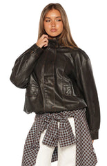 Blakely Brown Funnel Neck Pu Jacket