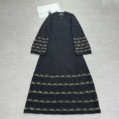 Chanel 25A Women's Long Dress Embroidered Virgin Wool Black and Gold #332236