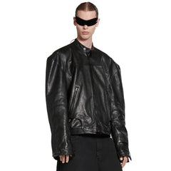 Balenciaga 25FW Cowhide Jacket Bew Double Zipper Ribbed Cuffs Leather Jacket Loose Version #332836