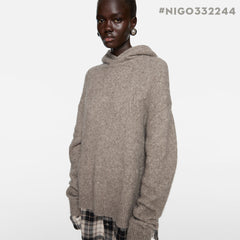 Acne Studios FW25 Women's Layered Wool Hoodie Beige Plaid Patchwork Sweater #332244