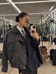 Saint Laurent Women's Bubbled Lambskin Bomber Jacket Spring/Fall Stand Collar Zipper Pilot Jacket Solid Color Motorcycle Leather Jacket Ngvp #2714