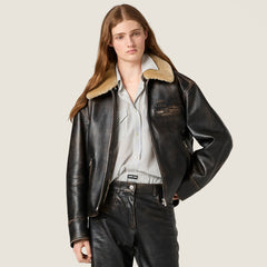 MiuMiu Women's Fur Collar Vintage Distressed Zip Black Nappa Leather Jacket #332783