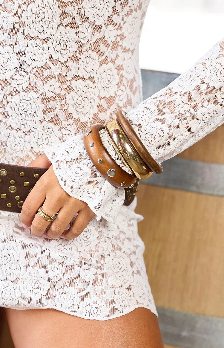 Fern 3 Pack Gold And Wood Bangle Set