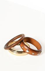 Fern 3 Pack Gold And Wood Bangle Set