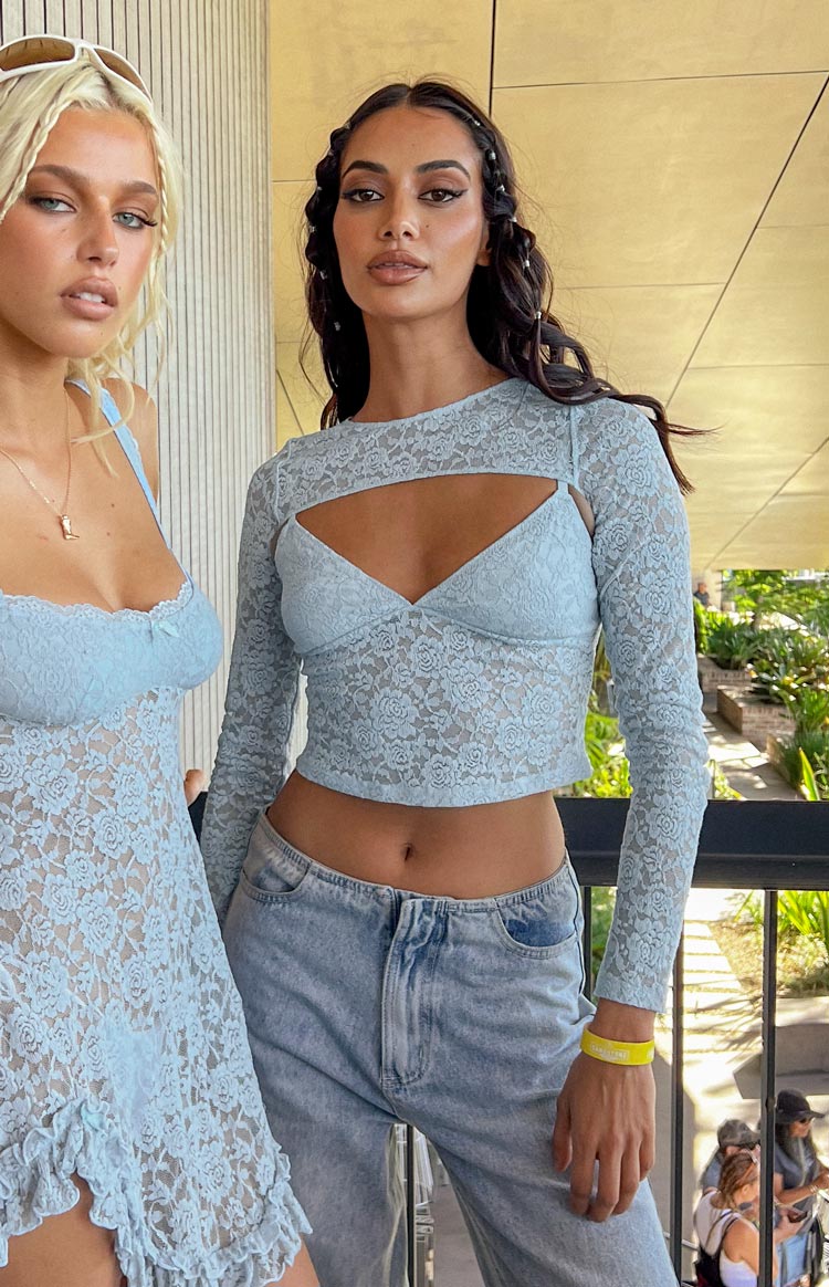 Here With Me Blue Lace Cami And Shrug Set