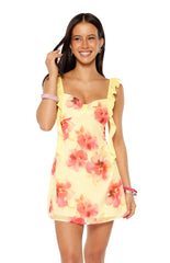 Joyce Yellow And Pink Floral Print Chiffon Mini Dress