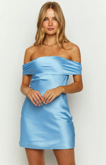 Primrose Blue Satin Off The Shoulder Mini Dress