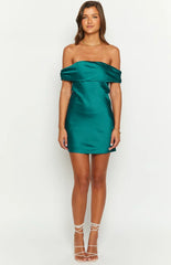 Primrose Teal Satin Off The Shoulder Mini Dress