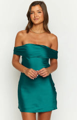 Primrose Teal Satin Off The Shoulder Mini Dress