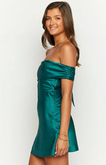 Primrose Teal Satin Off The Shoulder Mini Dress
