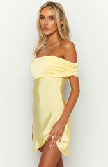 Primrose Yellow Satin Off The Shoulder Mini Dress