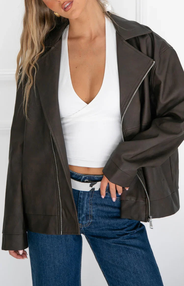 Rochelle Pu Chocolate Brown Oversized Biker Jacket