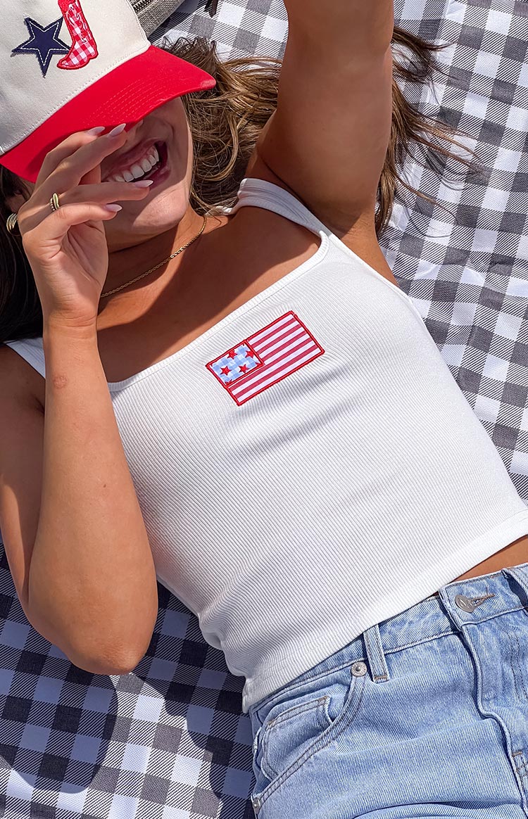 Suzie White Usa Embroidered Tank Top