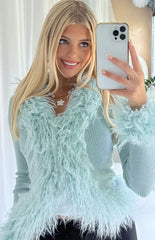 Violetta Mint Green Fur Trim Knit Cardigan