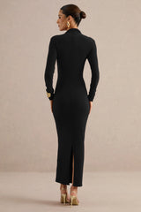 Erienne | Black High-Neck Maxi Dress With Ruched Detailing