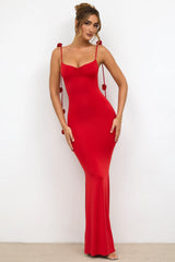 Slinky Jersey Rose Detail Evening Gown In Scarlet Red