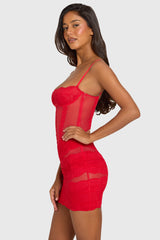 Placed Lace-Trim Mini Dress In Cherry Red