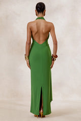 Alisanne | Green Plunge-Neck Maxi Dress With Draped Detailing