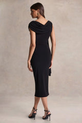 Mirelda | Black Asymmetric-Neck Midi Dress With Gold-Detail