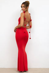 Slinky Jersey Rose Detail Evening Gown In Scarlet Red
