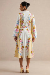 Moira | Lemon Floral Midi Dress With Bell Sleeves