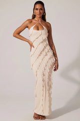 Cross Strap Ruffle Floor Length Dress In Ivory