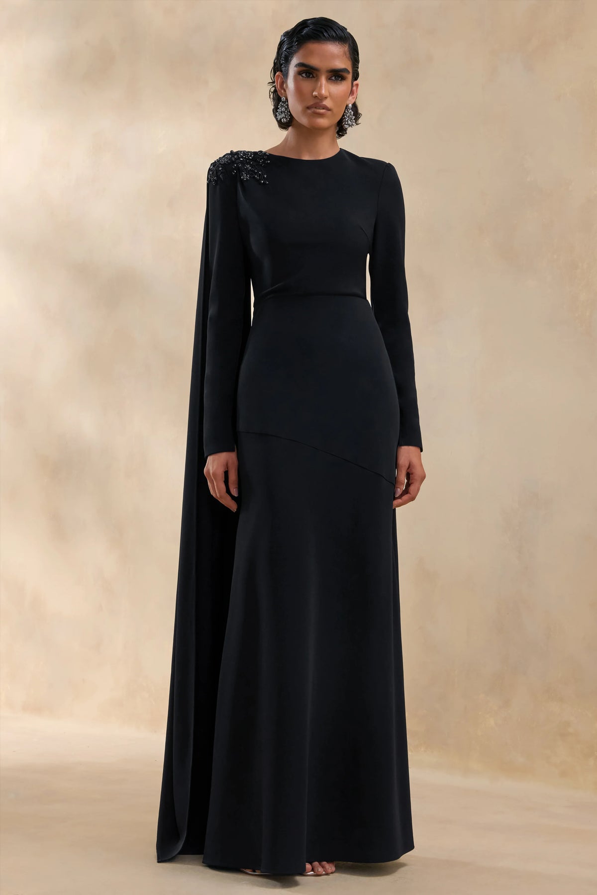 Reese | Black High-Neck Maxi Dress With Embellished Detail And Sash