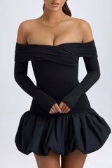 Modal Off-Shoulder Bubble Hem Mini Dress In Black