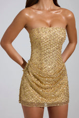 Embellished Bandeau A-Line Mini Dress In Gold