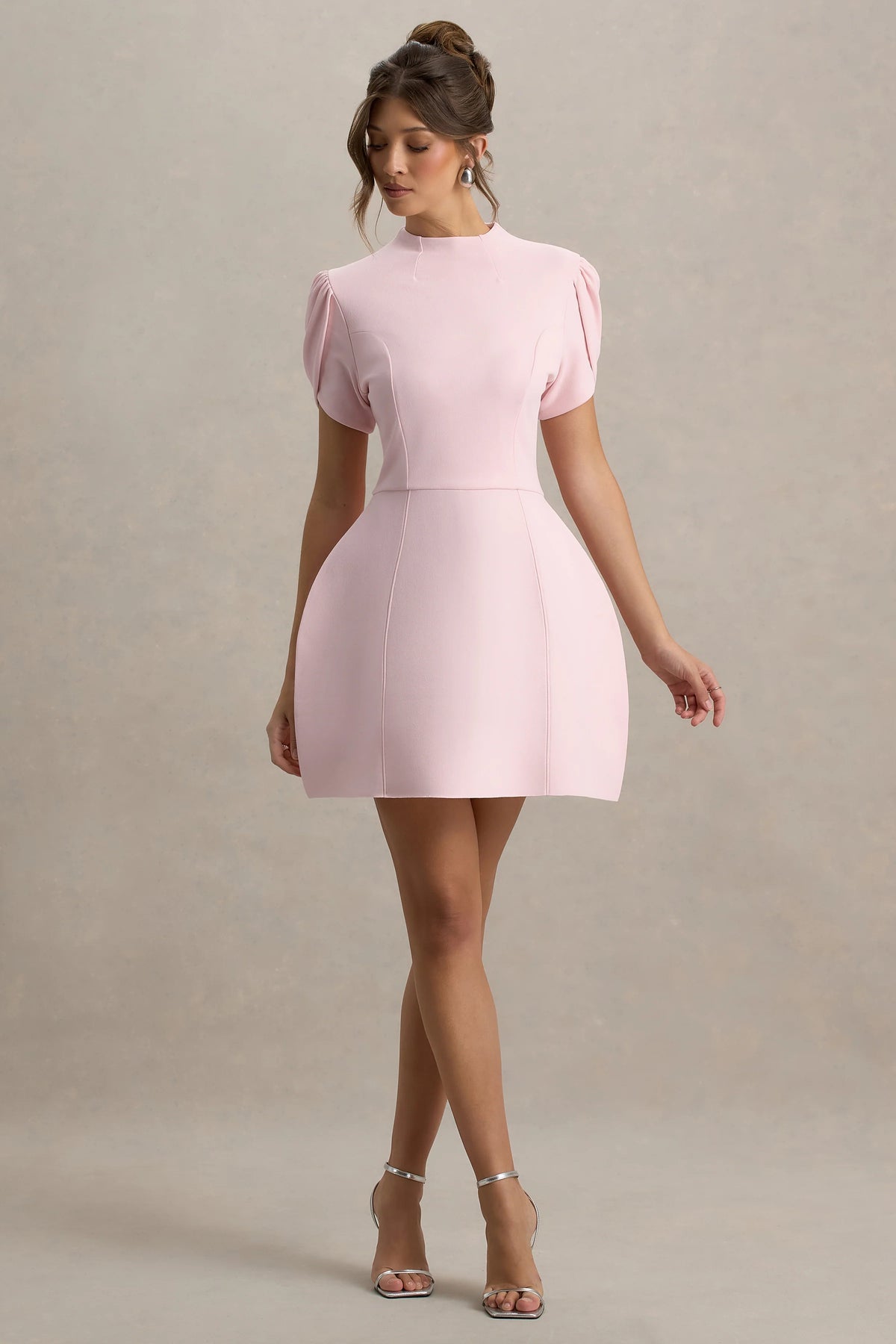 Carabella | Pink High-Neck Short-Sleeve Mini Dress