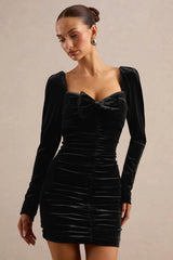 Kiss Of Midnight | Black Velvet Puff-Sleeve Mini Dress With Bow