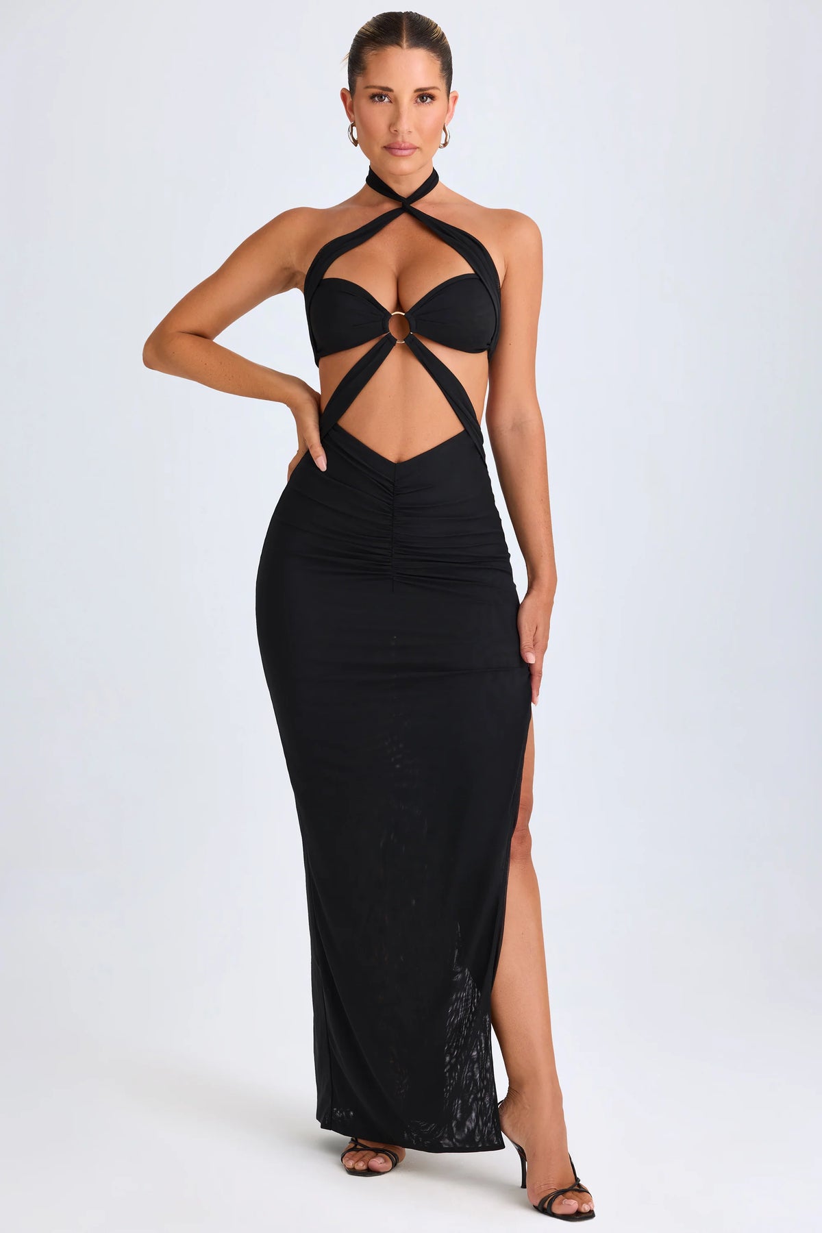 Hardware Detail Cut-Out Halterneck Maxi Dress In Black