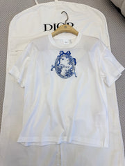 DIOR Dioriviera Oversized T-Shirt White Cotton Jersey with Blue Toile de Jouy Floral Garden Motif #387298