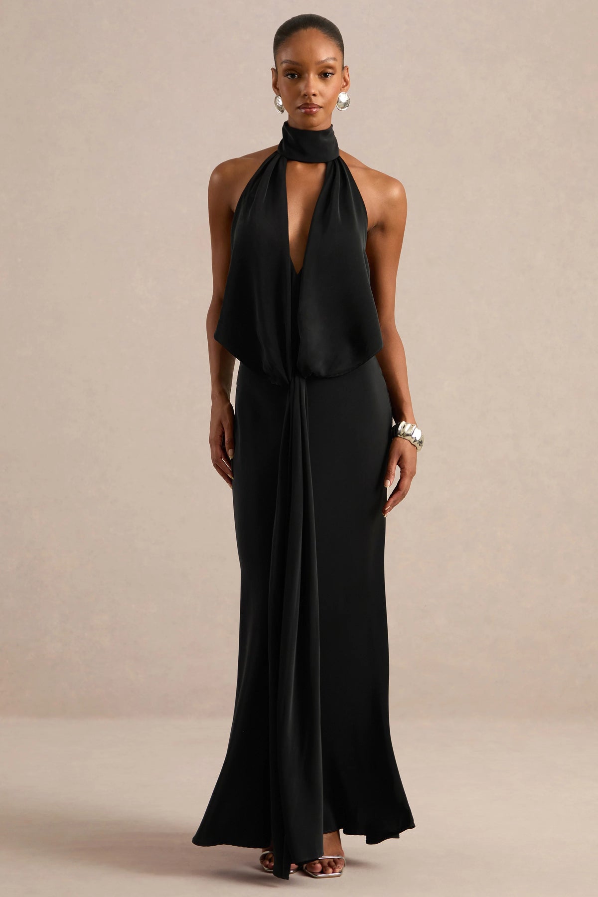 Canella | Black Satin Halter-Neck Maxi Dress With Sash-Detail