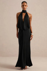 Canella | Black Satin Halter-Neck Maxi Dress With Sash-Detail