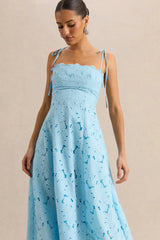 Anna | Embroidered Powder Blue Square-Neck Midi Dress