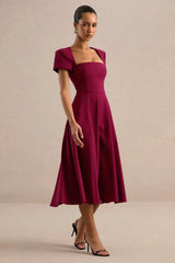 Donia | Burgundy Square-Neck Midi Skater Dress
