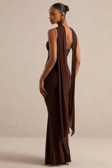 Ursa | Brown Bandeau-Neck Maxi Dress With Scarf Detail And Gathered Detailing