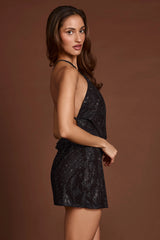 Embellished Halterneck Cowl A-Line Mini Dress In Black